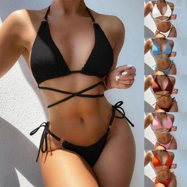 Kadın Mayo Plajı Düz ​​Renkli Bikini Seksi İnce Göğüs Yastığı Çelik Olmayan Destek Üç Noktalı Dantel Mayo Kadınlar İçin Moda