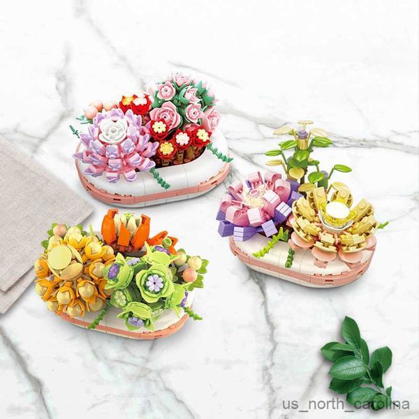 Blocos de pote brilhante plantas bloco de construção cidade luminosa suculenta modelo blocos buquê decoração diy brinquedos para crianças presente r230907