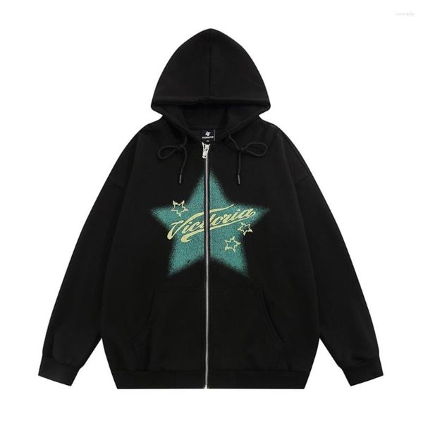 Hoodies femininos pentagrama angustiado oversized zip up para mulheres homens streetwear inverno roupas góticas casacos outwear