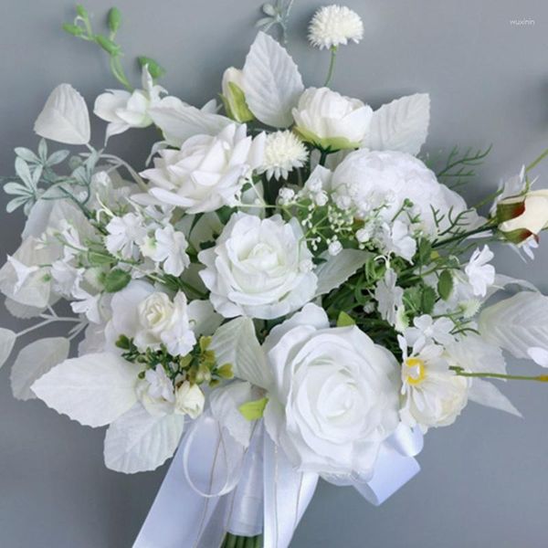 Flores decorativas buquês de noiva, rosas artificiais de casamento, flores feitas à mão, decoração de festa romântica, adereço
