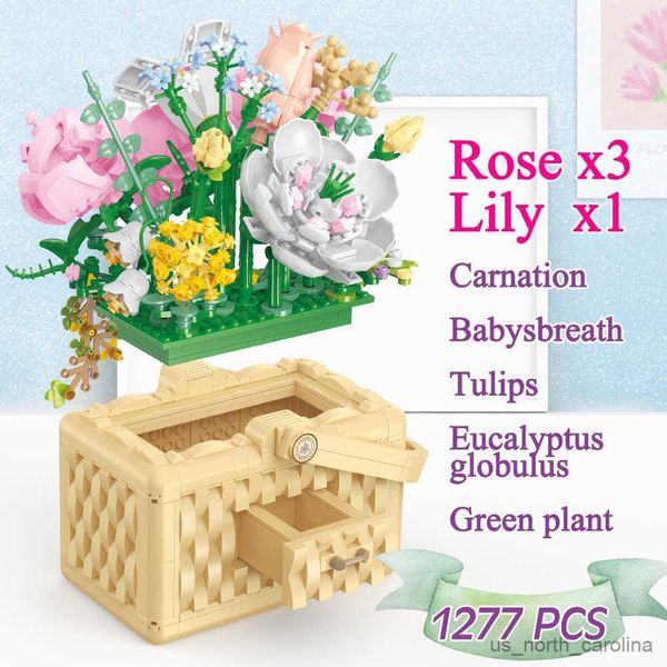 Conjunto de blocos de construção de buquê de rosas de girassol, cesta de flores artificiais eternas, kits de brinquedos para presente para mamãe, decoração de casa r230907