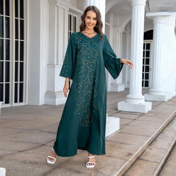 Ethnische Kleidung Wepbel Muslim Abaya Frauen Eid Partykleid Langarm Strass Loose-Fit Robe Saudi-Arabien Kaftan