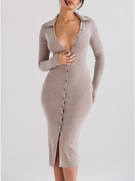 Vestidos casuais feminino malha bodycon vestido cor sólida manga comprida lapela botão frontal midi suéter