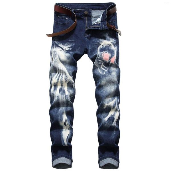 Calças de brim masculinas moda padrão 3d letras de rua impressas homem gótico magro preto azul designer calças jeans plus size 42