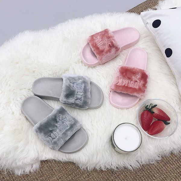 Terlik Ünlü Marka Kürk Açık Toe Düz Sandalet Kadın Kore Stil Ayakkabıları Mektuplar Şaşkın Terlik Bayanlar Moda Flip Flops Mujer X0905