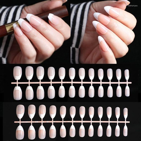 Unhas Falsas 24 PCS Francês Linha Branca Extensão Rosa Nude Cor Prego Cobertura Completa Manicure Decoração Artificial Destacável