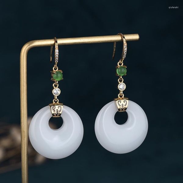 Baumelnde Ohrringe Charm Chinoiserie Ohrschmuck Weißer Ring Jade Anhänger Gold Kupfer Eingelegter Zirkon Kristall Leichter Luxus für Frauen