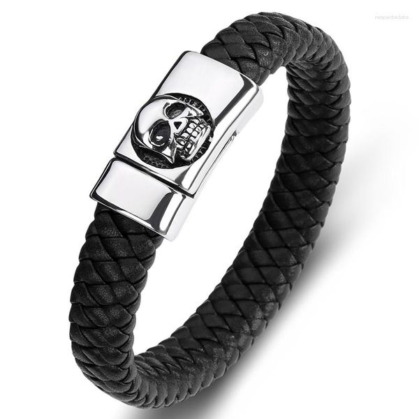 Charme Armbänder Großhandel Mehrfarbige Geflochtene Leder Armreif Männer Schmuck Punk Edelstahl Magnetische Schädel Armband Männliche Mode Armband