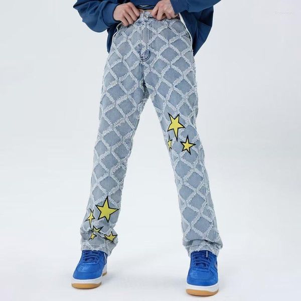 Jeans da uomo 2023 Y2K Fashion Star Ricamo Plaid Pantaloni impilati per uomo Abbigliamento Dritto Donna Hip Hop Pantaloni in denim Pantalon Homme