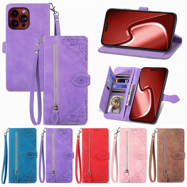 Leder-Reißverschluss-Multi-Cards-Wallet-Hüllen für iPhone 15 Pro Max 14 13 12 11 XR XS X 8 7 Plus Kartenhalter Flip Stand Geprägte Blumen-Telefonabdeckung Conque