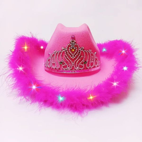 Cappelli a tesa larga a secchiello Topi Tiara gaya Barat Bling Led dewasa topi koboi per wanita liburan lucu 230907