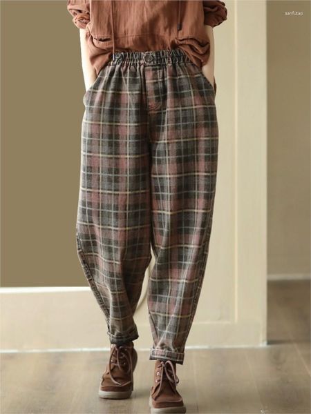 Damen Jeans Retro Frauen Druck Plaid 2023 Herbst Winter Lässige elastische Taille Lose gespleißte Denim Haremshosen Vintage Hose