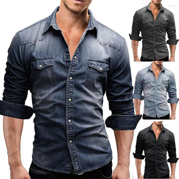 Homens Casuais Camisas Primavera Outono Denim Homens Manga Longa Tee Casaco Macio Algodão Slim Jean T Azul Retro Bonito Mens Cowboy Tops