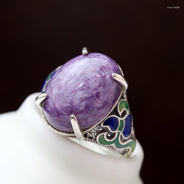 Anéis de Cluster Retro Thai Jóias de Prata Atacado Handmade Natural Charoite Anel Vintage S925 Sterling Feminino Open Ended