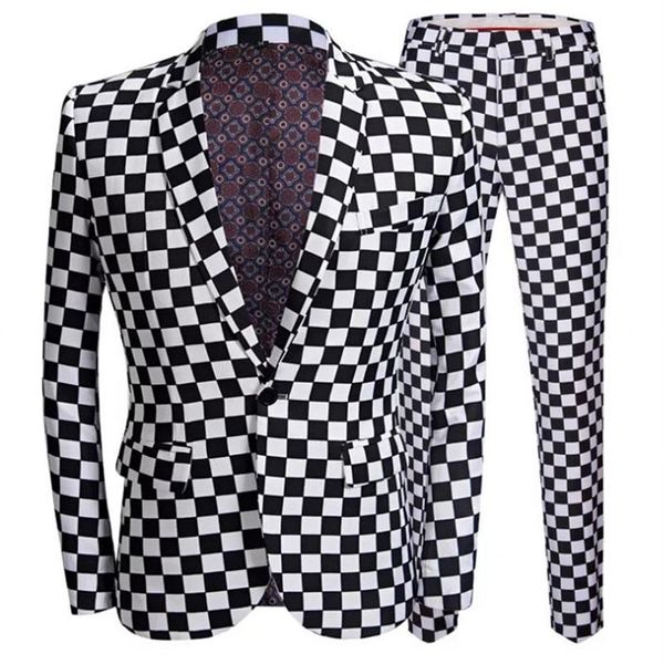 Ternos masculinos blazers moda terno masculino preto branco xadrez impressão 2 peças conjunto mais recente casaco calça projetos casamento palco cantor sli224e