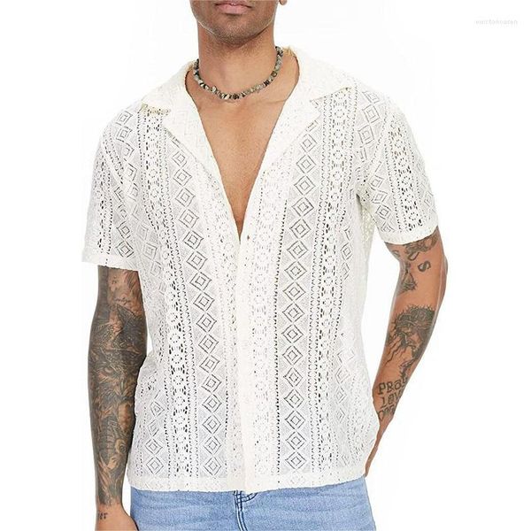 Camisas casuais masculinas mens floral renda ver através da camisa verão manga curta botão para baixo oco para fora transparente masculino solto-encaixe topos