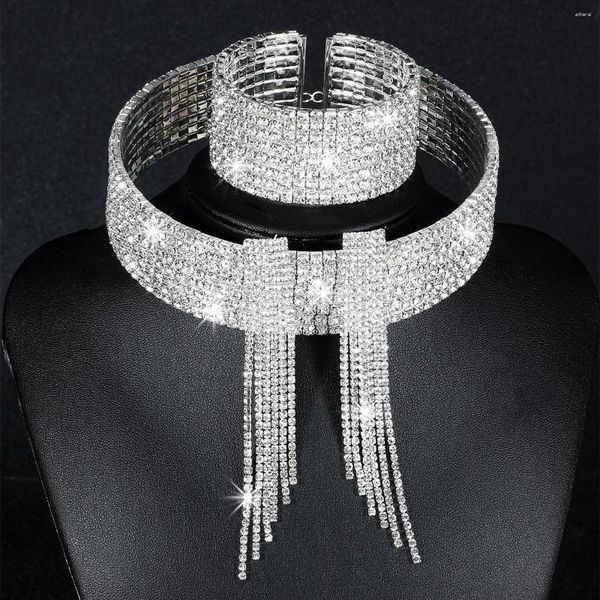 Colares de pingente clássico elegante borla cristal nupcial conjuntos de jóias africano strass casamento colar brincos pulseira wx081