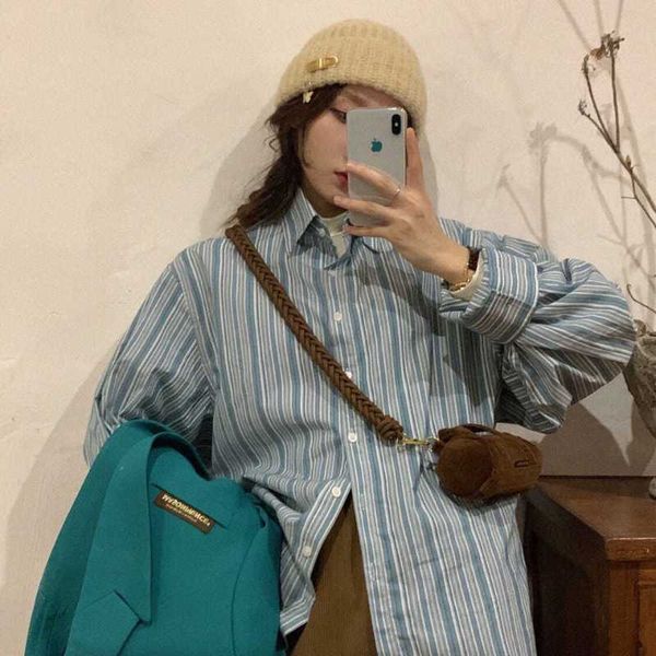 Deeptown camicie a righe retrò stile preppy donna Harajuku moda camicetta oversize coreano streetwear bottone manica lunga top Kpop