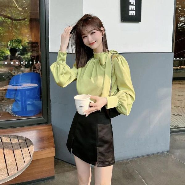 Blusas femininas camisa de outono 2023 coreano elegante levante-se pescoço laço cetim senhoras escritório manga longa temperamento topos