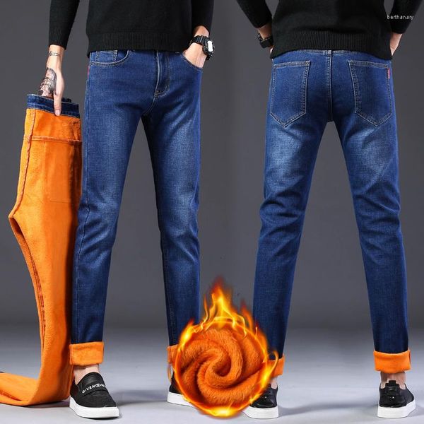 Мужские джинсы HIQOR, зимние флисовые мешковатые модные корейские деловые прямые брюки, утепленные эластичные джинсовые брюки, повседневные джинсы