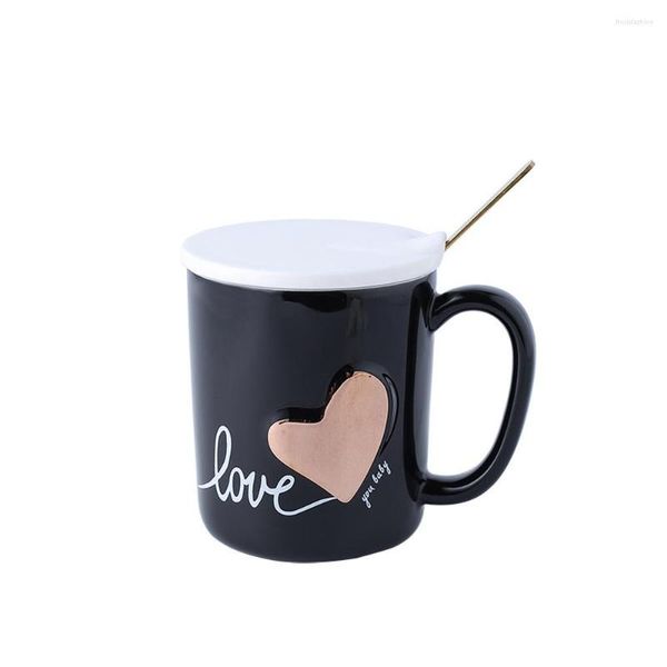 Tassen HF 400 ml Mode Wasser Tasse Ins Nordic Kreative Keramik Herzförmige Liebe Paar Mit Deckel Löffel Becher Büro kaffee