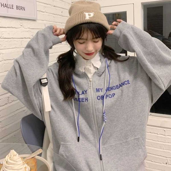 Koreanische Streetwear Brief Zip Grau Hoodies Frauen Kpop Casual Oversize Kordelzug Sweatshirt Harajuku Hippie Trainingsanzug