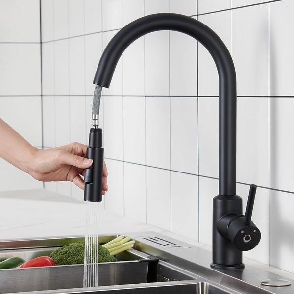 Torneiras de cozinha Leijos torneira com pull down pulverizador alto arco material de aço inoxidável cartucho cerâmico preto fosco