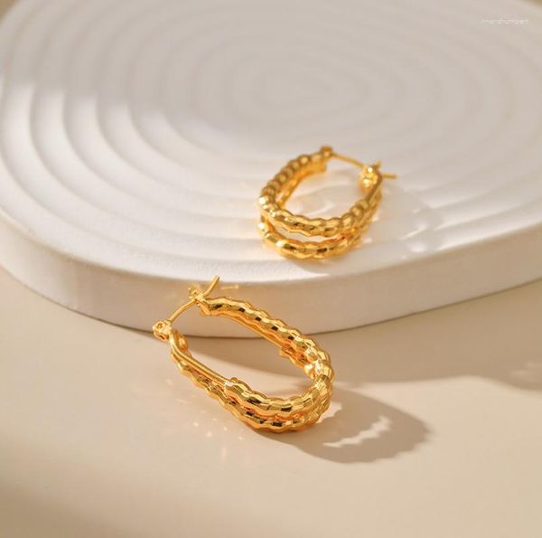Brincos de argola Minar Street Style 18K banhado a ouro real latão camadas duplas oval geométrico irregular para mulheres joias de declaração