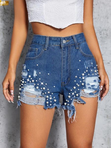 Damen-Jeans, trendige blaue perforierte Denim-Shorts, Sommer-Perlen-Bastelmode, Freizeitkleidung