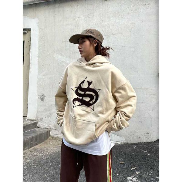 Deeptown y2k streetwear estrela gráfico hoodie feminino americano retro cáqui oversize moletom hip hop casual manga longa topo feminino