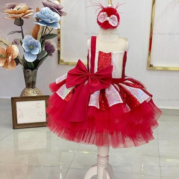 Платья для девочек, блестящее пышное многослойное детское платье ручной работы длиной до колена, детский наряд на первый день рождения, Рождественский год