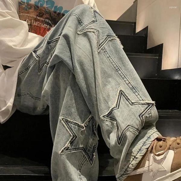 Erkekler Pantolon Yıldız Nakış Düz Sıradan Erkekler Kot Gotik Geniş Bacak gevşek Hip-Hop Moda Gençlik Sokak Giyim Denim