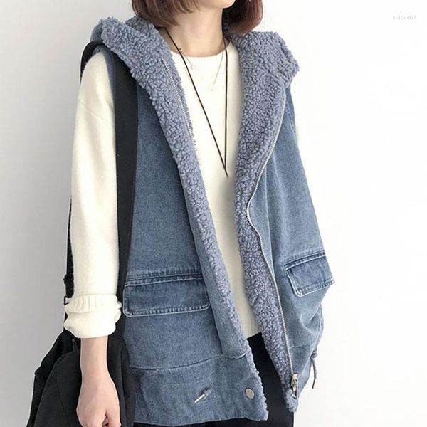 Gilet da donna Donna Imitazione Lana di agnello Gilet di jeans con cappuccio Vintage Impiombato Moda Due lati Indossa Cappotto Lady Casual Addensare Senza maniche