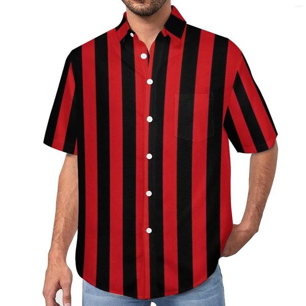 Camisas casuais masculinas blusas listradas verticais homens listras vermelhas e pretas havaí mangas curtas moda oversized praia camisa presente idéia