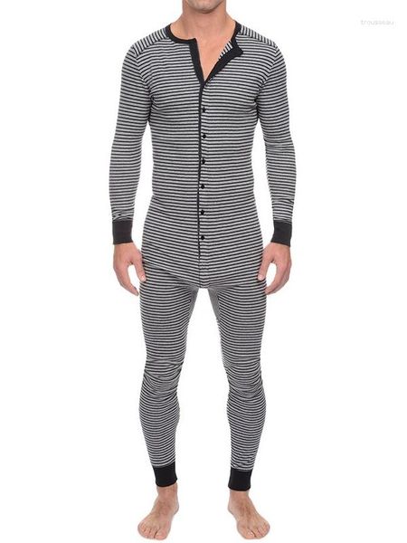 Herren-Nachtwäsche, Pyjama, gestreift, einteiliges Pyjama-Set, schmaler Overall für Herren, langärmelig, Herbst/Winter 2023, Loungewear