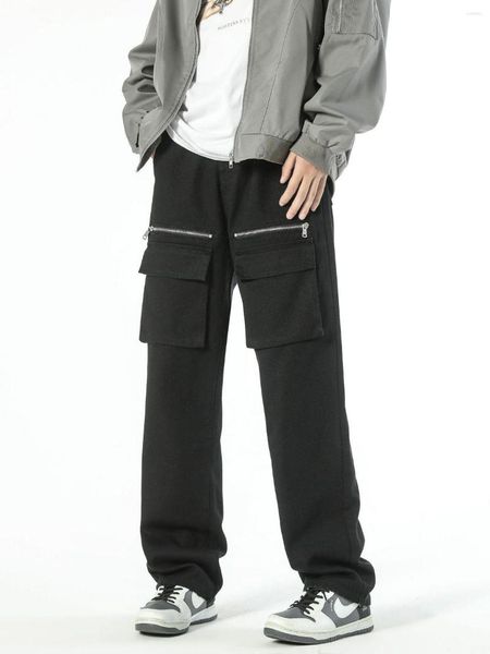 Jeans masculinos high street lavado outono inverno preto solto multi-bolso reto trabalho wear calças casuais calças versáteis