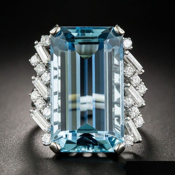 Alyans Boyutu 6-10 Vintage Moda Takı 925 Sterling Sier Büyük Emerald Cut Aquamarine CZ Kristal Partisi Sonsuzluk Kadın Düğün DH17K