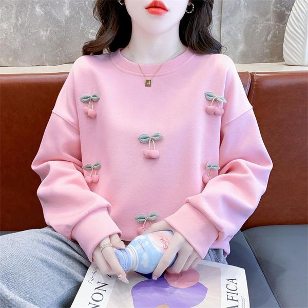 Hoodies femininos 2023 outono em torno do pescoço moletom para edição coreana solto sólido cereja manga longa rosa topo ins moda casaco