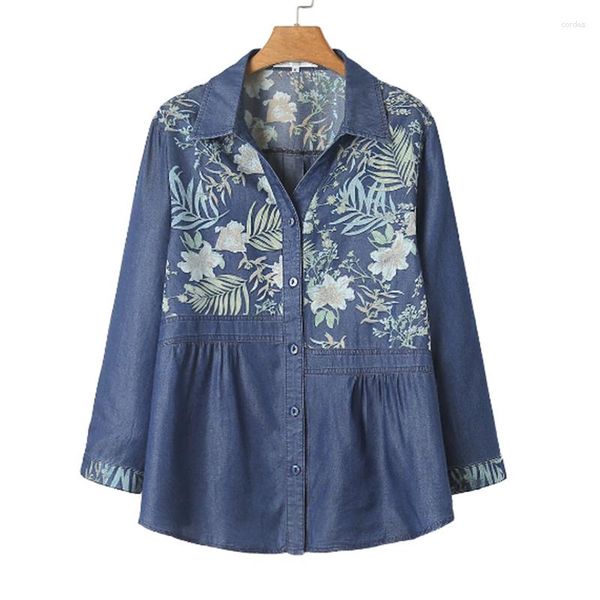 Jaquetas femininas plus size 2023 vestido de outono fino manga de nove pontos cor pull print retalhos denim cardigan casaco 2316