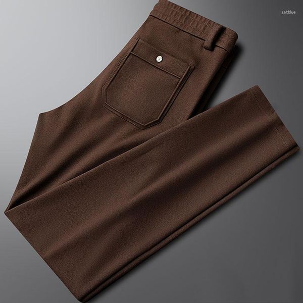 Calças masculinas High-end Brown Lã Vestido Casual para Homens Outono e Inverno Moda Negócios Slim Stretch Straight Long Trend