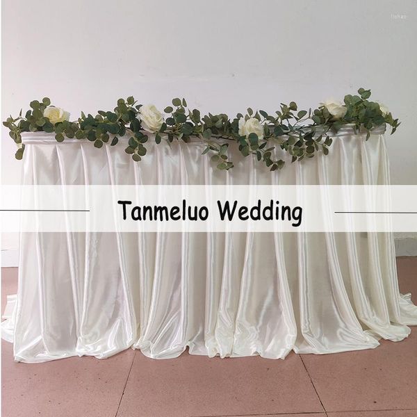 Saia de mesa transparente de seda gelo, casamento para cobertura de toalha de mesa, rodapé branco com decoração de pregas