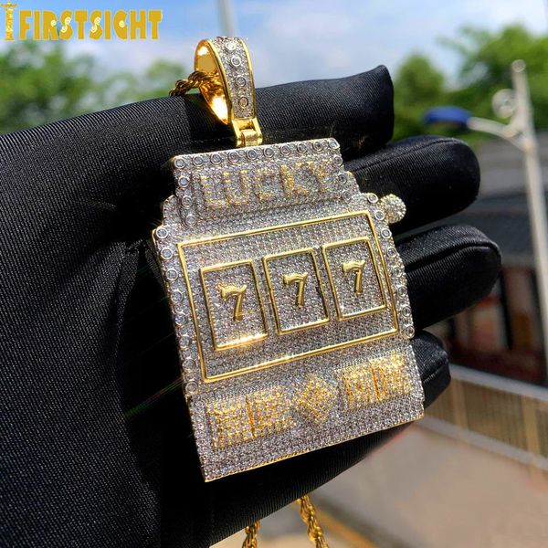 Charms Iced Out Bling Slot Machines Pingente Colares Dois Tons Cor 5A Zircon Lucky 777 Charme Cadeia Homens Mulheres Hip Hop Jóias 230908