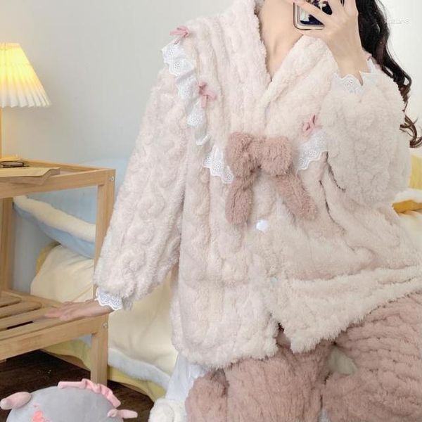 Kadın pijama kış pazen pijamaları set kalınlaşmış mercan polar nightwear pijama femme pour femme gevşek gündelik salon giyim pijamas takım elbise