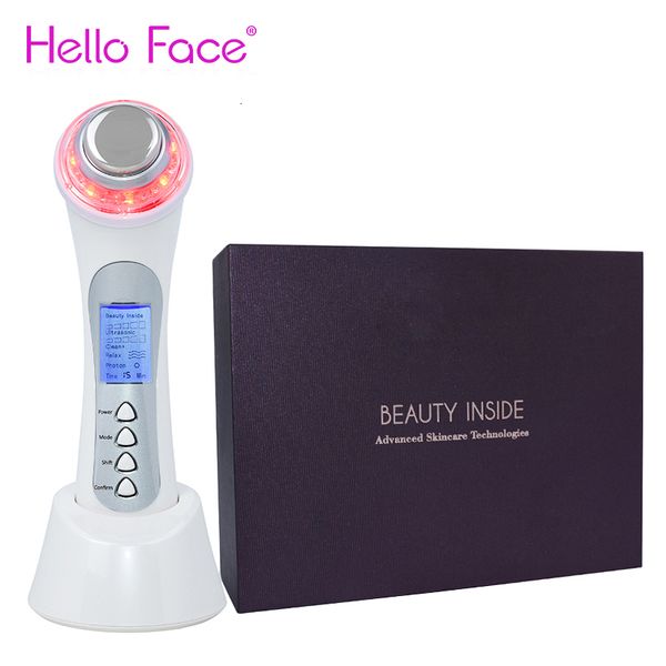 Ferramentas de limpeza Acessórios Hello Face 5 em 1 Dispositivo ultrassônico de aperto da pele 3MHZ Máquina de cavitação P on Therapy Ion Galvanic Fat Massager 230907