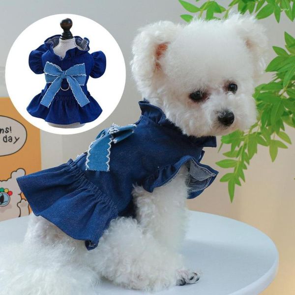 Abbigliamento per cani Abito per animali domestici Elegante denim affascinante con grandi maniche arricciate con fiocco Vestito carino per cani gatti