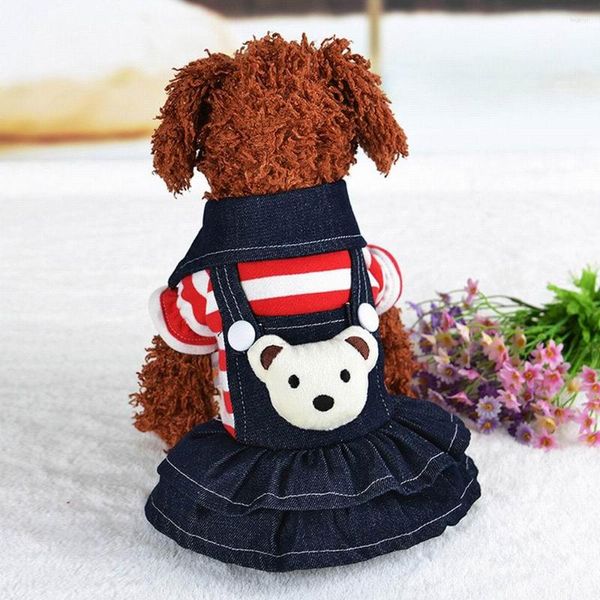 Vestuário para cães XS-XL Jean Dress Pet Roupas para Cães Stripe Filhote de Cachorro Pequeno Casaco Com Capuz Bonito Xadrez Bordado Denim Saia
