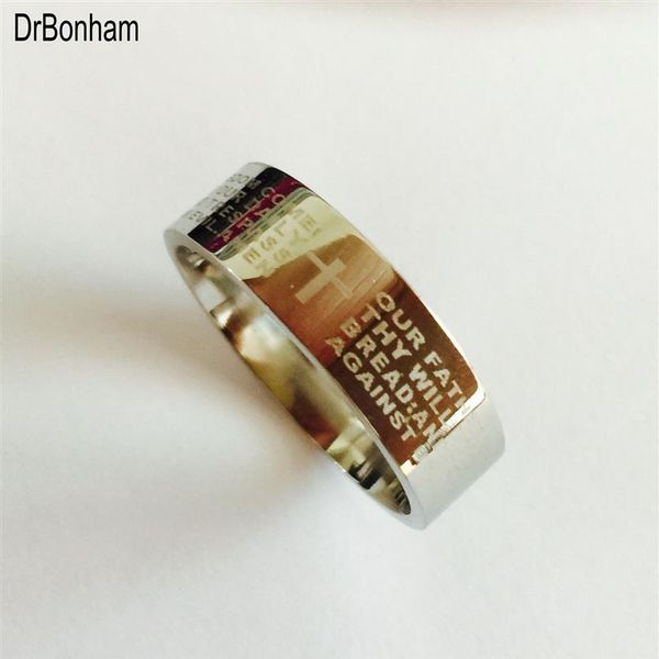 Silberner englischer Bibelring 8 mm 316 Titanstahl Weißgold Farbe Kreuz Buchstabe Gebet Bibel Ehering Ring Männer Frauen277C