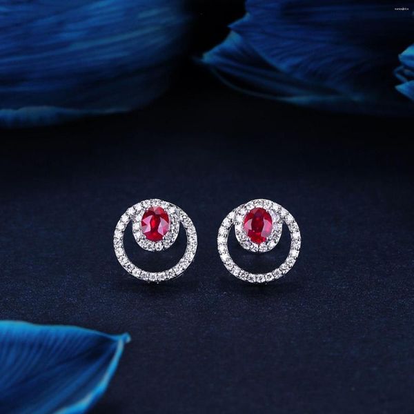 Orecchini a lobo Design rotondo di lusso Ago in argento 925 con simulazione di sangue di piccione Orecchini rosso rubino Accessori da sposa da donna