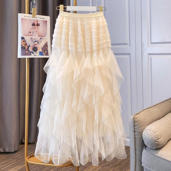 Saias Tigena High Street Maxi Tulle Saia para Mulheres 2023 Estética Elegante Sólida Malha Uma Linha Cintura Longa Feminina