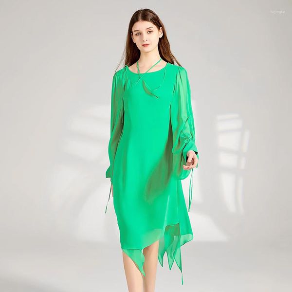 Повседневные платья, шелковое, пшенично-зеленое, с длинным рукавом, с фонариком Георгия, женское платье на шнуровке с неровным подолом, двухслойное свободное платье AY250